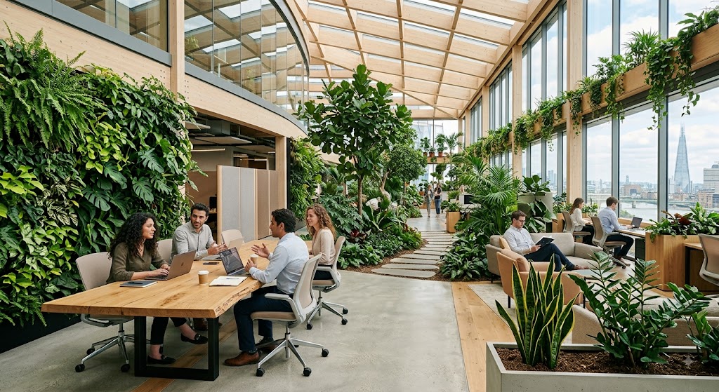 Spazio ufficio Hubitat con design biophilic, luce naturale e piante che favoriscono il benessere