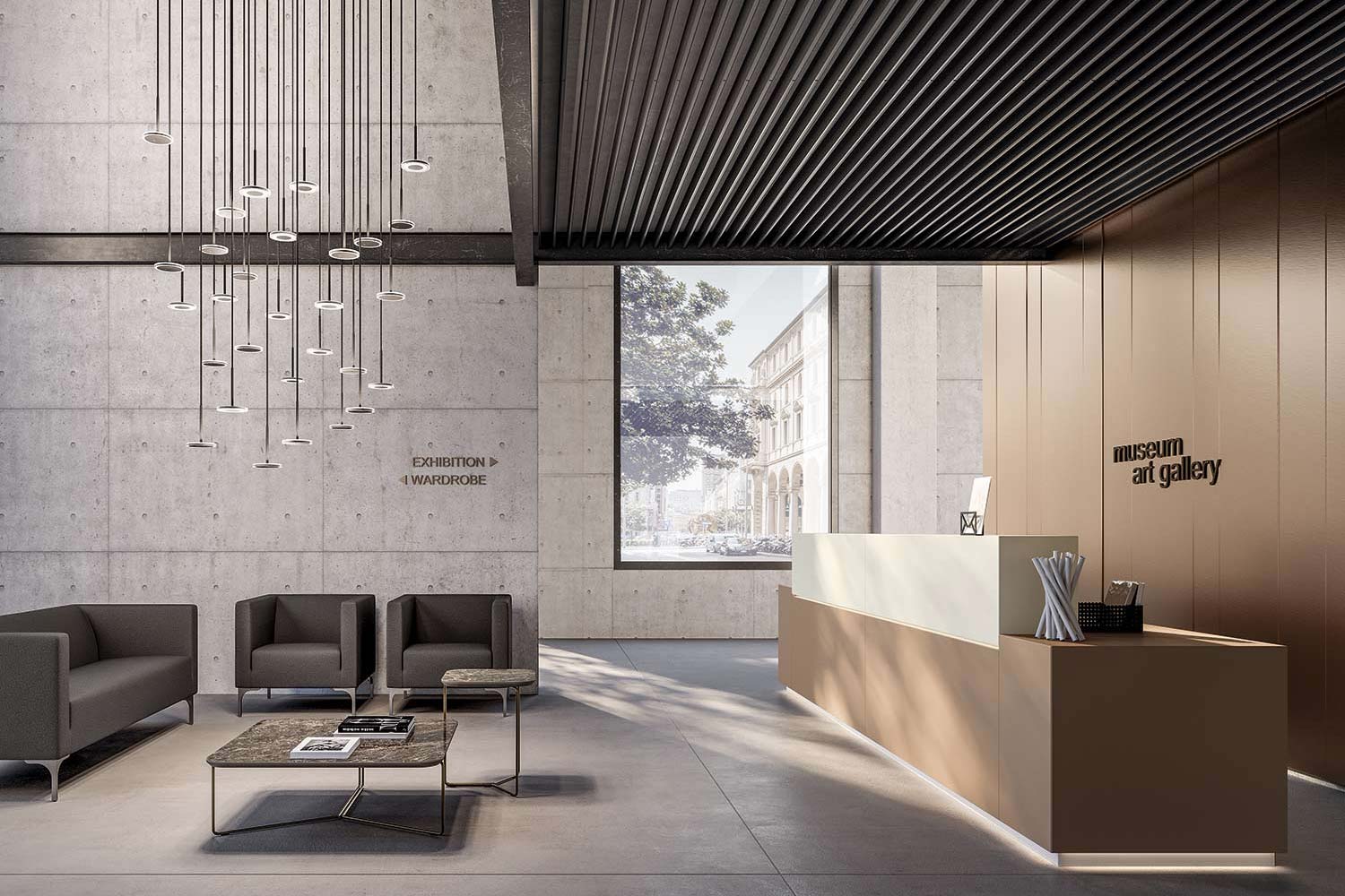 Area lounge di un ufficio moderno con poltroncine e vista sulla città